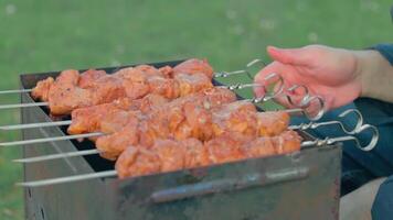 Man is Cooking Pork Outdoors and Turning Barbecue Meat on Skewers. Hot Grilled Kebab on the Coals. Picnic Food Preparing. Middle Close-Up Shot video