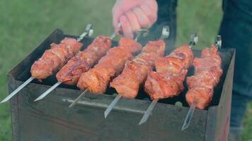 Man is Cooking Pork Outdoors and Turning Barbecue Meat on Skewers. Hot Grilled Kebab on the Coals. Picnic Food Preparing. Middle Close-Up Shot video