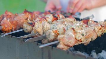 Man is Cooking Pork Barbecue in Summer in the Daytime Outdoors - Close-Up, Static Shot, Slow Motion. Turning Barbecue on Skewers. Hot Grilled Kebab on the Coals. Roasted or Grilled BBQ on a Skewer or Spit video
