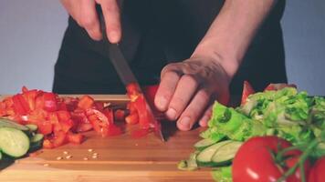 Chef in Black Uniform is Slicing Red Paprika and Preparing Vegetable Ingredients for Cooking. Man in a Kitchen is Cutting Red Pepper for Vegetarian Dish. Healthy Food Concept video
