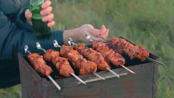 Man is Cooking Pork Meat Outdoors, Holding Beer in Green Bottle and Turning Barbecue on Skewers. Hot Grilled Kebab on the Coals. Picnic Food Preparing. Middle Close-Up Shot video