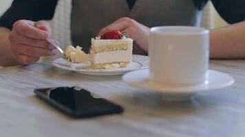 Young Man Eating a Cake With Strawberry and Drinking Tea. Office Worker Has a Break. Cafe Dessert Concept. Close-Up View, Dynamic Shot video