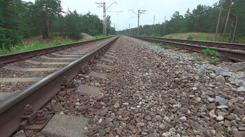 Moving Forward Along the Railroad Going Through the Pine Forest. European Railway for Electric Train - Smooth Movement on Gimbal Stabilizer video