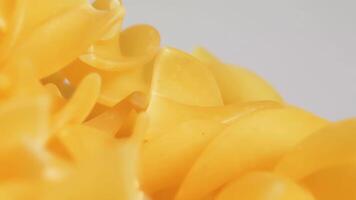 Uncooked Fusilli Pasta Heap Rotating - Macro. Fat and Unhealthy Food. Dry Spiral Macaroni - Close-Up. Italian Culture and Cuisine. Raw Golden Pasta video