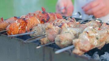 Man is Cooking Pork Barbecue in Summer in the Daytime Outdoors - Close-Up, Static Shot, Slow Motion. Turning Barbecue on Skewers. Hot Grilled Kebab on the Coals. Roasted or Grilled BBQ on a Skewer or Spit video