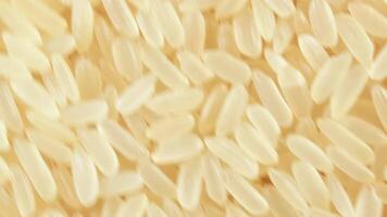 Dry Uncooked Parboiled Rice Background Rotating Clockwise - Top View, Close-Up. Scattered Raw Long Grain Rice. Asian Cuisine and Culture. Healthy Eating Ingredients. Diet Food. Angular Rotation Right video
