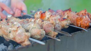 Man is Cooking Pork Barbecue in Summer in the Daytime Outdoors - Close-Up, Static Shot, Slow Motion. Turning Barbecue on Skewers. Hot Grilled Kebab on the Coals. Roasted or Grilled BBQ on a Skewer or Spit video
