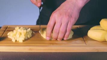 Chef in Black Uniform is Slicing Raw Potato. Man in a Kitchen is Cutting Potato and Preparing Ingredients for Cooking - Slow Motion. Static Shot video