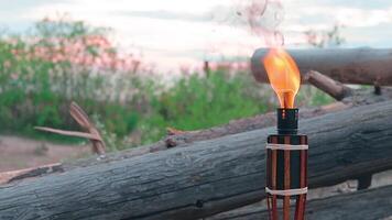 Tropical Bamboo Torch Burning in the Beach at Summer Evening. Decorative Candle Has a Massive Orange Flame Using Oil Fuel or Kerosene - Slow Motion. Static Shot video