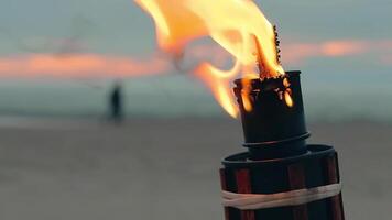 Tropical Bamboo Torch Burning in the Beach at Summer Evening. Decorative Candle Has a Massive Orange Flame Using Oil Fuel or Kerosene - Slow Motion. CloseUp Static Shot video