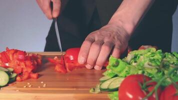 Chef in Black Uniform is Slicing Red Paprika and Preparing Vegetable Ingredients for Cooking. Man in a Kitchen is Cutting Red Pepper for Vegetarian Dish. Healthy Food Concept video