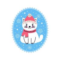 White cat in in doodle style. Postage stamp on white background. vector