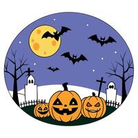 Spooky halloween background with pumpkins at a cemetery graveyard at night with bats and spiders vector