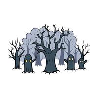 Spooky forest art with gnarled trees mist and lurking creatures creating a mysterious and haunting ambiance perfect for Halloween. simple minimalist illustration creative vector