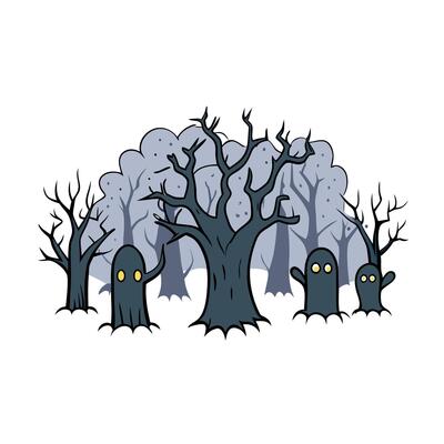 Spooky forest art with gnarled trees mist and lurking creatures creating a mysterious and haunting ambiance perfect for Halloween. simple minimalist illustration creative