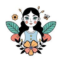 Surreal illustration of girl with butterfly and floral elements vector