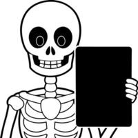 Skeleton holding black empty card on black background mockup for Halloween card vector