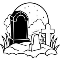 Spooky graveyard with several tombstones and a crypt covered with moss and vines. meanwhile mystical glowing fog fills the air. in the full moon vector