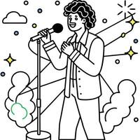 Singer with microphone performing live on stage with colorful lights and smoke effects vector