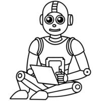 Sitting futuristic robot AI with interrogative expression and doubts to complete a written test. by IA vector