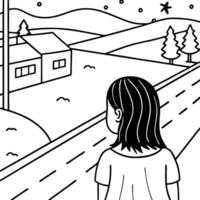 Storybook Style Illustration of a Girl Looking at an Empty Highway Intersection at Twilight. vector