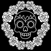 Sugar skull flower wreath black background. Sugarskull roses decoration vector