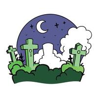 Spooky graveyard with double cross and several tombstones covered with moss and vines. meanwhile mystical glowing fog fills the air. in the full moon vector