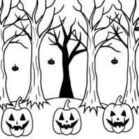 Spooky halloween forest with scary black trees and pumpkins on the ground. neural network art vector