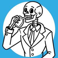 Skeleton in suit drinking hard liquor from the flask on the bright blue and pink background vector