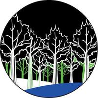 Silhouettes of trees in a dark night forest with a blue and green of fog. vector
