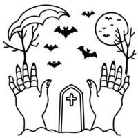 Spooky Halloween atmosphere in a grave yard ground two hands and bats in air. vector