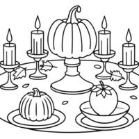 Table setting with pumpkins and candles in restaurant. Halloween and thanksgiving concept vector