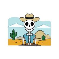 Skeleton cowboy with hat in outdoor background. vector