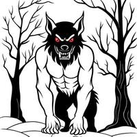 Sinister wolf shifter with red eyes in gloomy night forest shrouded in mist. scary werewolf grin in ominous dark woods ready for attack victim. evil werewolf hunter with red eyes. vector