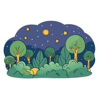 Magical fairy tale forest at night with glowing fairy fireflies lights making a mystical fantasy spooky landscape background vector