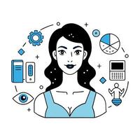 Ink drawing portrait of a beautiful woman. Technology vector