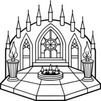 Gothic atmosphere inside of an ancient vampire castle hall for games as a background. Satanic rites and sacrifices lit by candle sticks in the Dracula castle interior. 3D illustration vector