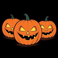 Illustration of illuminated carved pumpkins with different evil faces in darkness at Halloween night vector