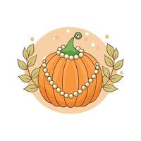 Romantic Autumn Festive Pumpkin with Leaves and Pearls on Pastel Background vector
