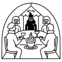 Silhouettes of people sitting at the table in a dark room. Halloween concept. a secret society meeting plotting a conspiracy. vector