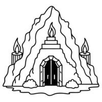 Misty mountain carved cave chamber with mysterious underworld entrance stone gate. dimly lit with torches to the underworld - vector