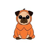 Pug dressed in a jack pumpkin lantern costume sits on a floor vector