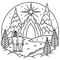 Mystical Mountain Cave Fantasy Illustration Of Two People Looking Towards A Mysterious Shine In The Forest - A.I. Art vector