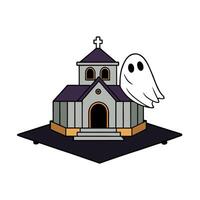 Floating Ghost in a Asylum Halloween Dark Film Grain Analogue Aesthetic Gothic Building with Ghost Hunters Camera Flash 3d illustration render vector