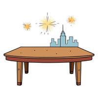 Empty wooden table with blurred background with a city with fireworks on New Year. . vector