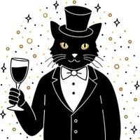 Elegant black cat with a top hat and bow tie holding a glass of champagne on a dark background with gold particles. vector