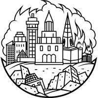 Detailed destruction of fictitious city with debris and collapsing structures. Concept of war. natural disasters. judgment day. fire. nuclear accident or terrorism. vector