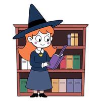 Illustration of witch girl doing a magic spell with book in the library vector