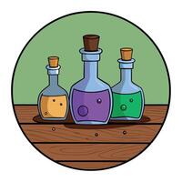 Magic potions in bottles on wooden background vector