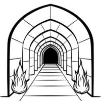 Magical dark corridor with fire and occult walls background. Demonic 3d tunnel in ancient dungeon with lines of burning fires and mystical light from ceiling vector